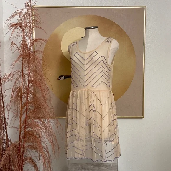 FREE PEOPLE Beaded Mesh Mini Dress Size L